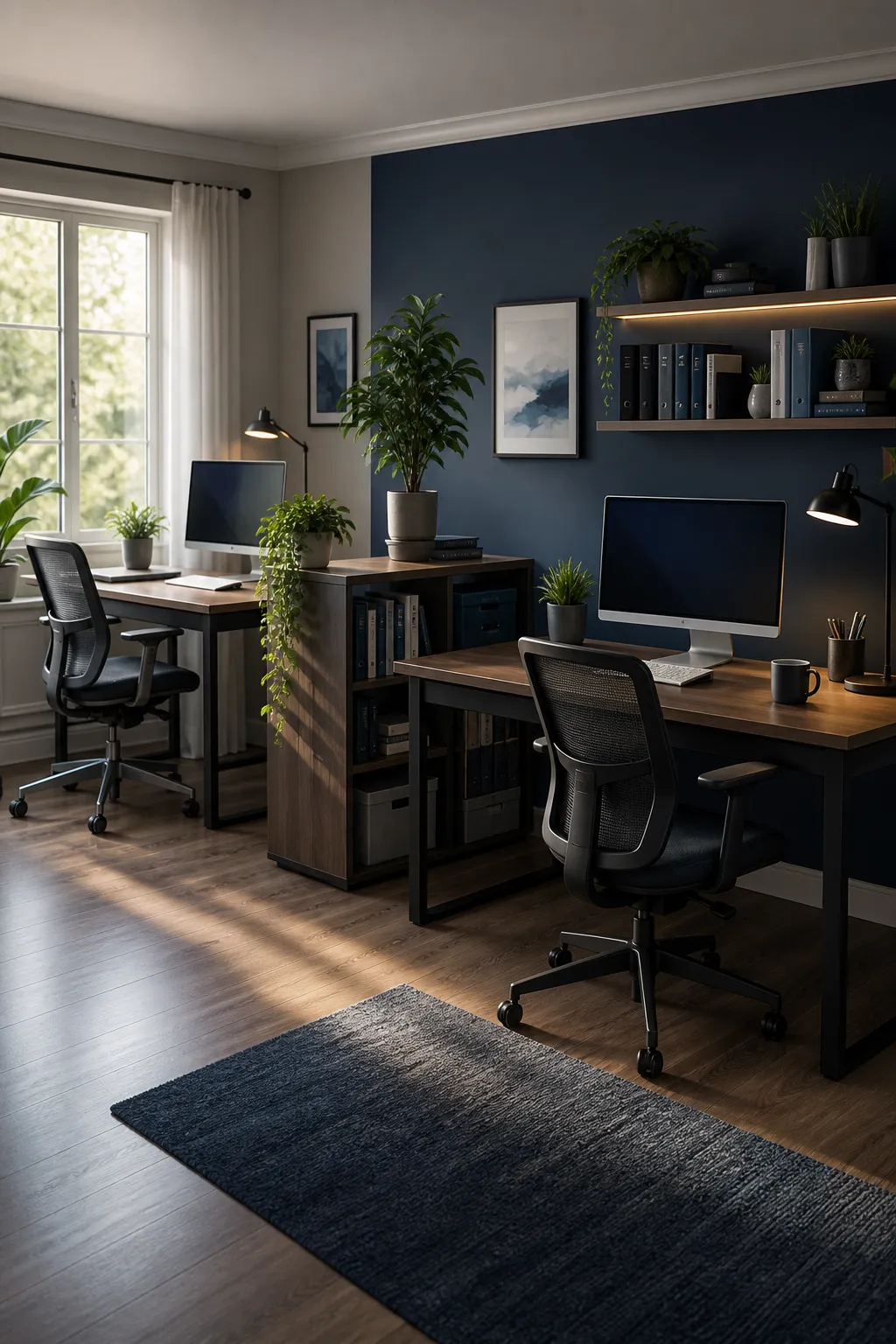 Two-desk home office workspace for the CosmicFlow AI team