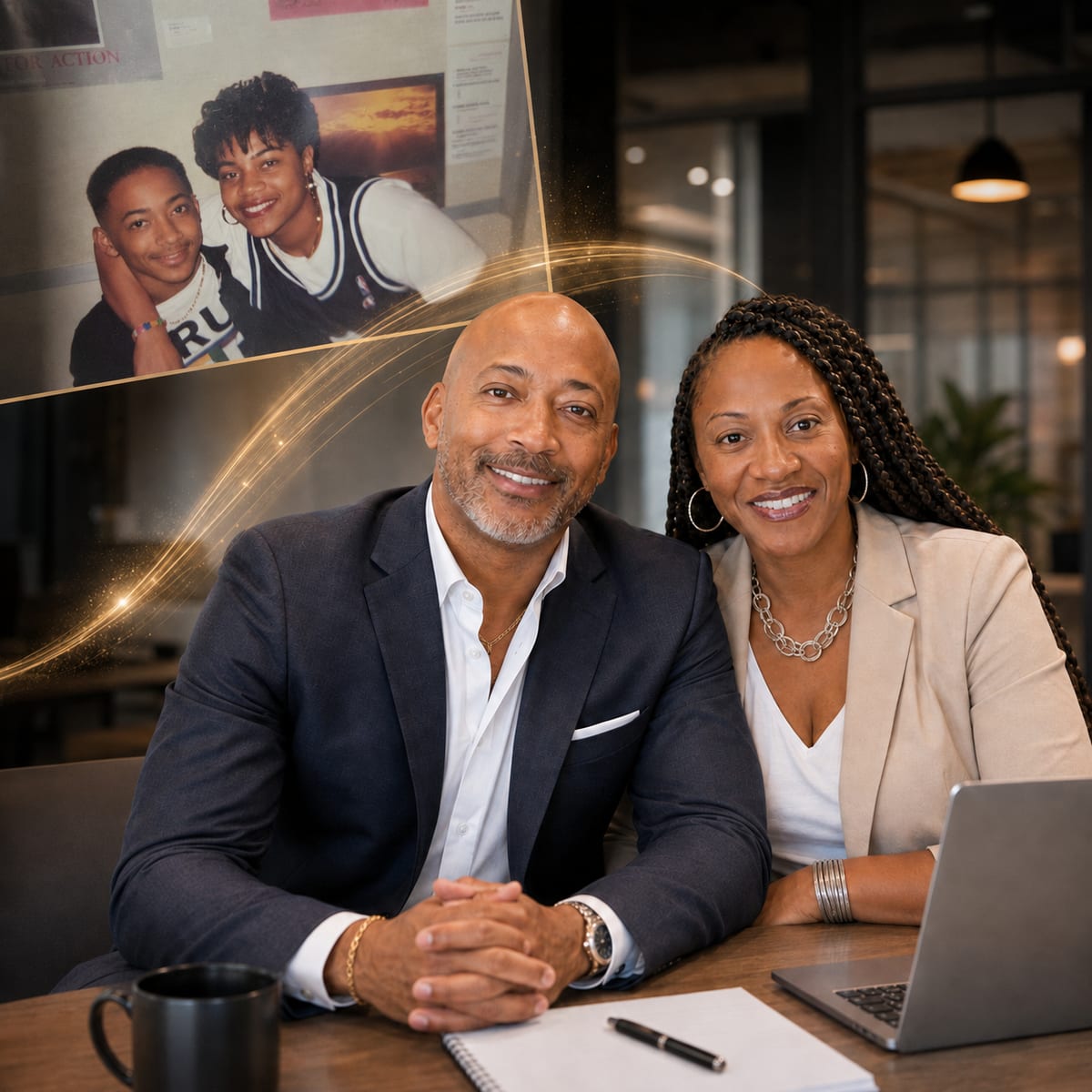 Jathan Desir and Juana Williams at a desk, with a photograph of them as teenagers behind them
